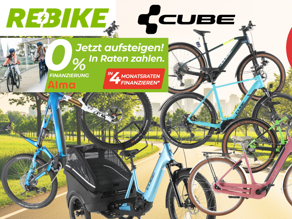 Cube E-Bikes wie Trekking und Mountainbike vor einer Landstraße im Grünen.
