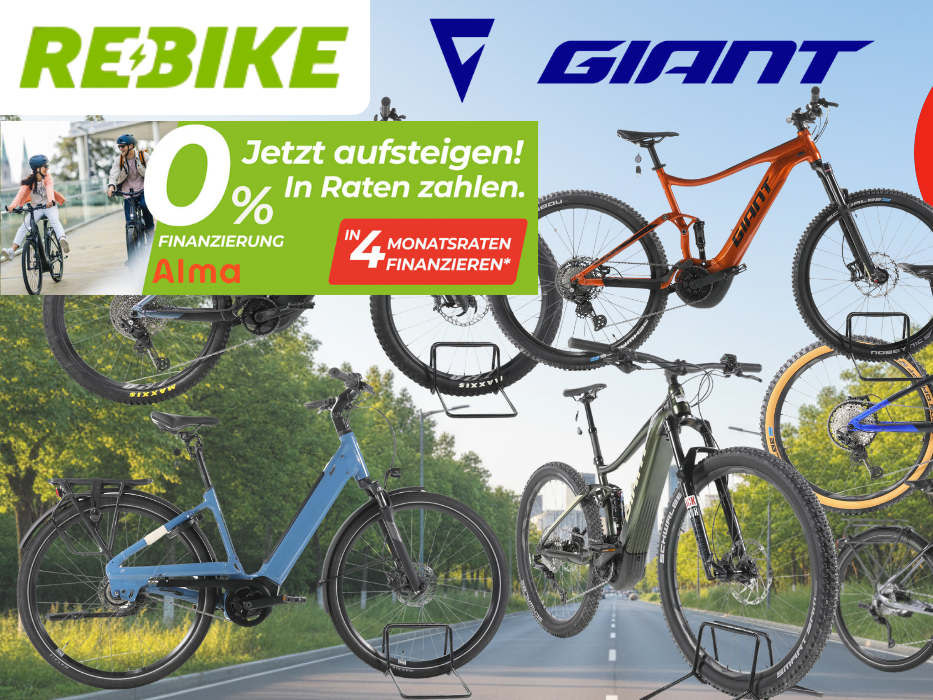 Collage aus mehreren refurbished Giant E-Bikes verschiedener Kategorien – darunter E-MTBs, City- und Trekking-E-Bikes – vor einem sommerlichen Stadtrand-Hintergrund mit Radweg und Bäumen. Logos von Rebike und Giant sowie ein roter Button mit der Aufschrift „Bis -61% Rabatt zur UVP" sind zu sehen.