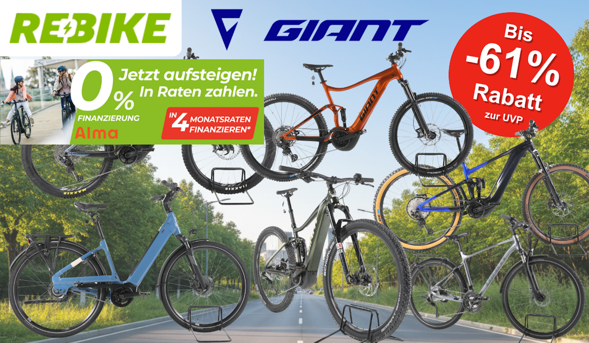 Collage aus mehreren refurbished Giant E-Bikes verschiedener Kategorien – darunter E-MTBs, City- und Trekking-E-Bikes – vor einem sommerlichen Stadtrand-Hintergrund mit Radweg und Bäumen. Logos von Rebike und Giant sowie ein roter Button mit der Aufschrift „Bis -61% Rabatt zur UVP" sind zu sehen.