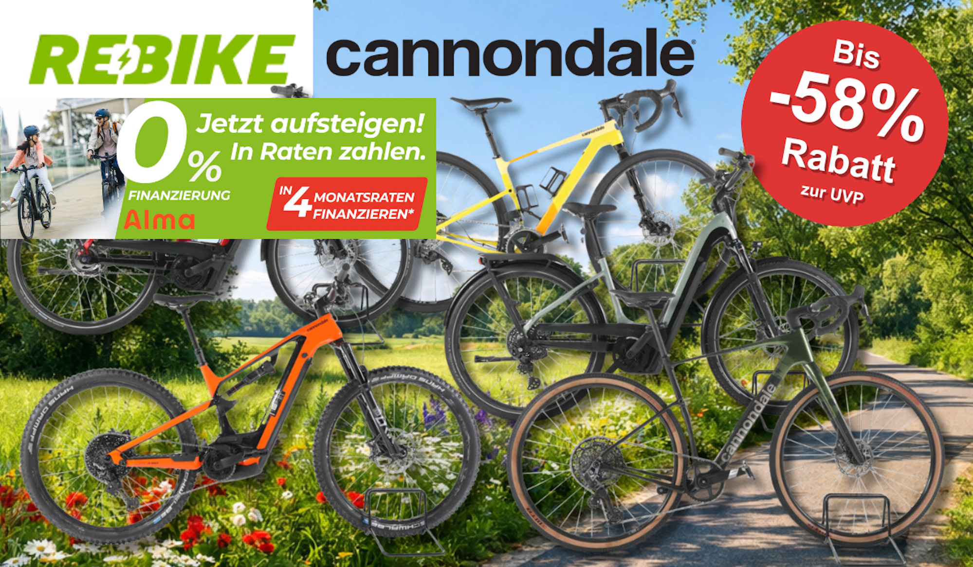Eine Darstellung von 5 verschiedenen Cannondale E-Bikes vor einem Fahrradweg.