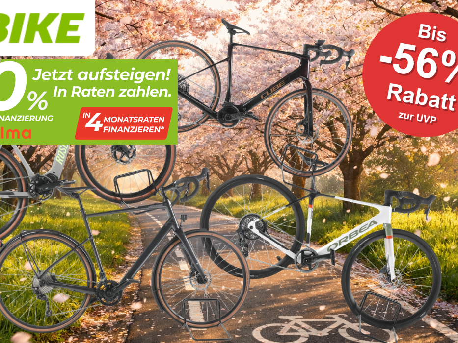 Auf dem Bild ist eine Collage aus E-Gravel & E-Rennräder, die gerade bei Rebike reduziert sind