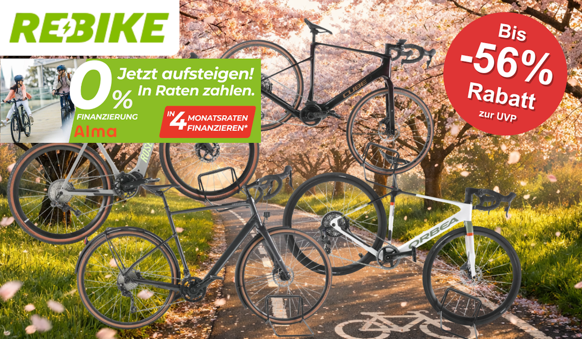 Auf dem Bild ist eine Collage aus E-Gravel & E-Rennräder, die gerade bei Rebike reduziert sind