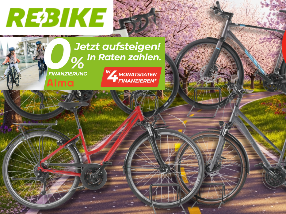 4 Fahrräder vor einem Radweg im Frühling mit blühenden Bäumen.