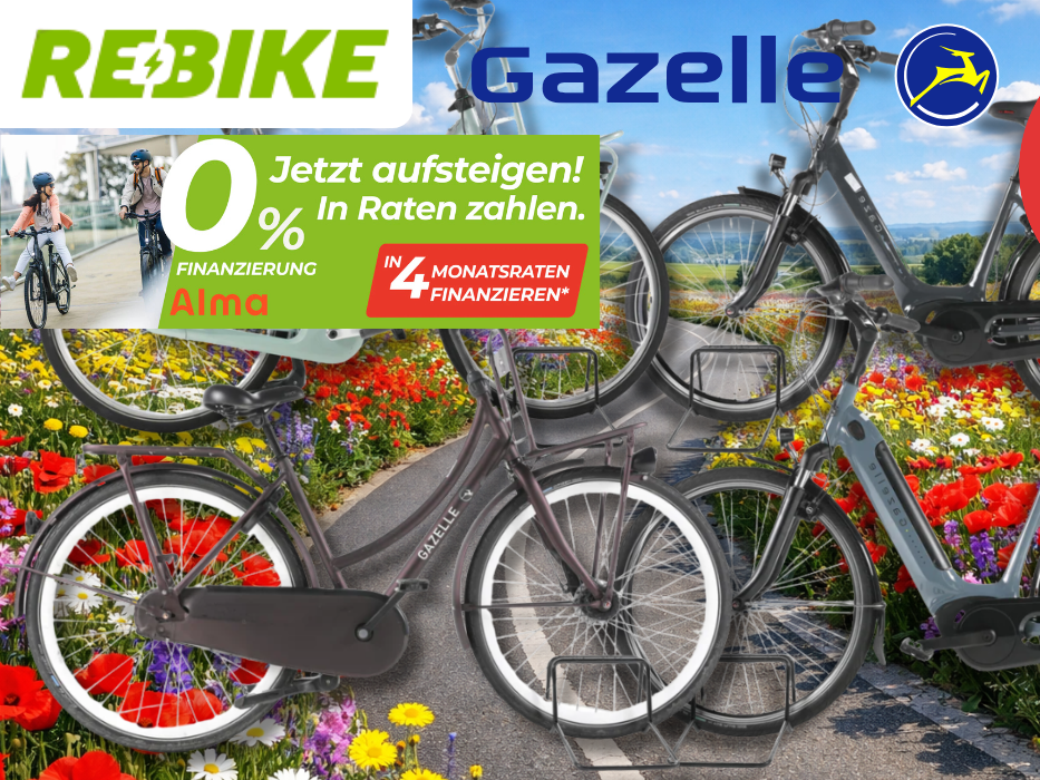 4 verschiedene Gazelle Fahrräder vor einem Fahrradweg.