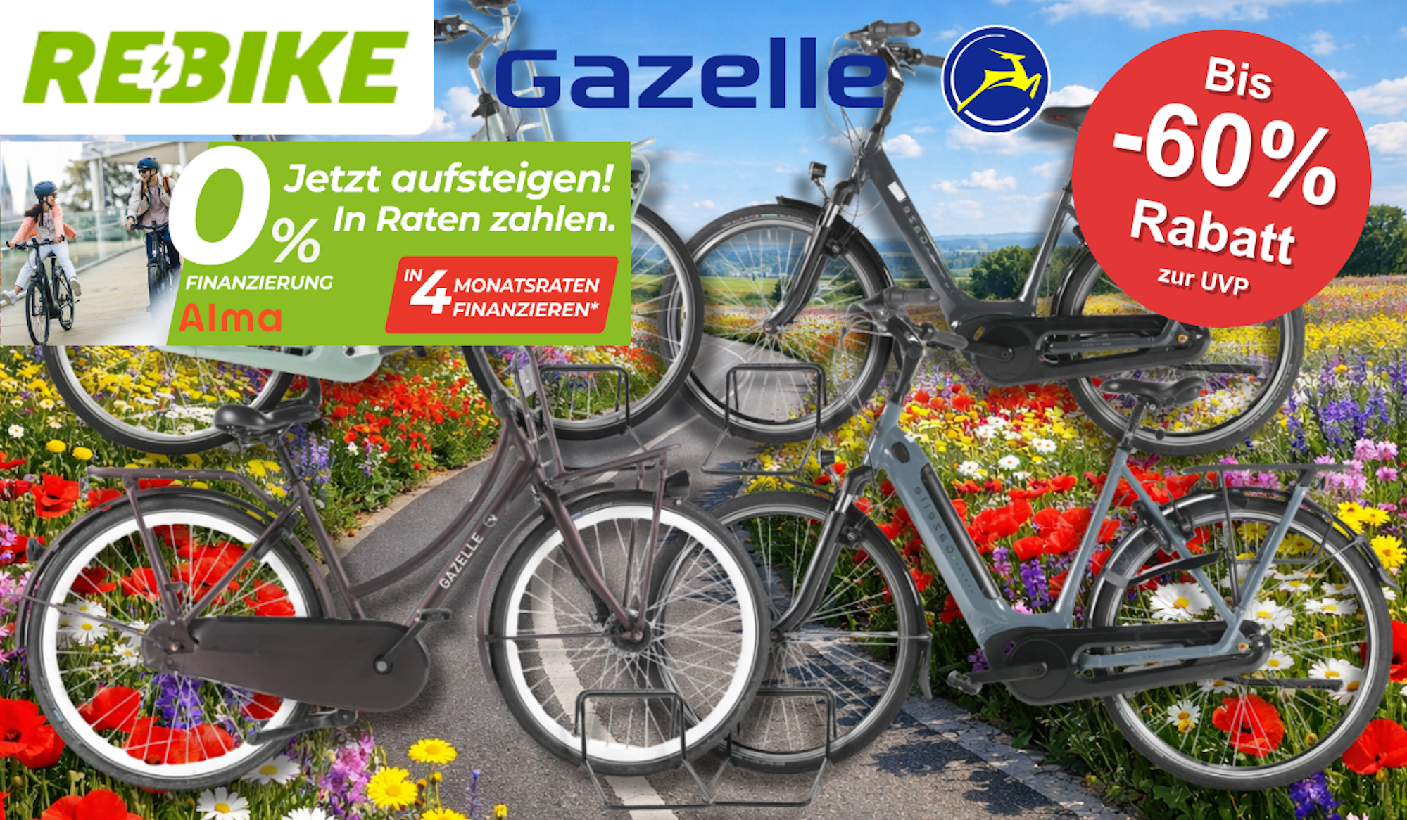 4 verschiedene Gazelle Fahrräder vor einem Fahrradweg.
