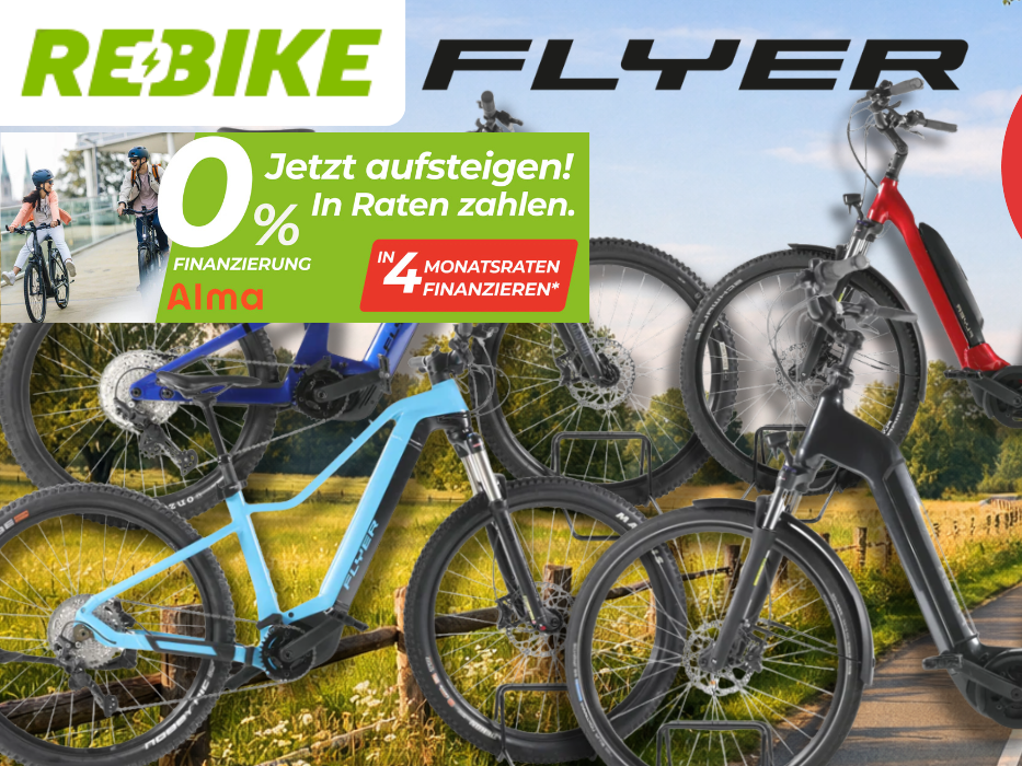4 verschiedene Flyer E-Bikes vor einem Radweg.