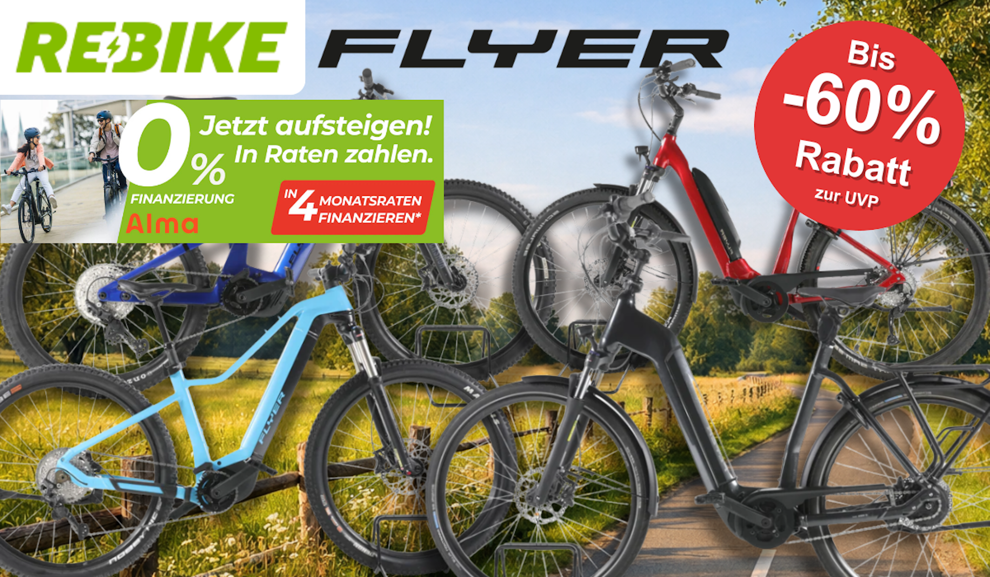 4 verschiedene Flyer E-Bikes vor einem Radweg.