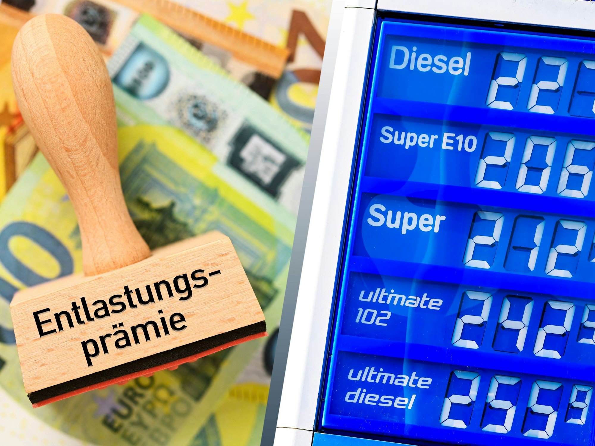 Stempel mit Aufschrift Entlastungsprämie auf Euroscheinen und Preistafel an einer Tankstelle Hamburg Hamburg Deutschland