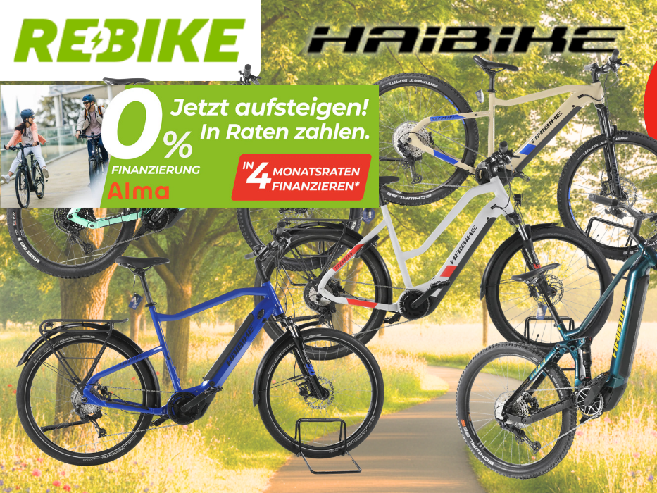 Fünf refurbished Haibike E-Bikes verschiedener Modelle in den Farben Türkis, Blau, Weiß-Rot und Petrol vor einem sonnigen Frühlingsweg mit Bäumen und Wildblumen. Oben links das Rebike-Logo, oben mittig das Haibike-Logo, rechts ein roter Button mit der Aufschrift „Bis -62 % Rabatt zur UVP".
