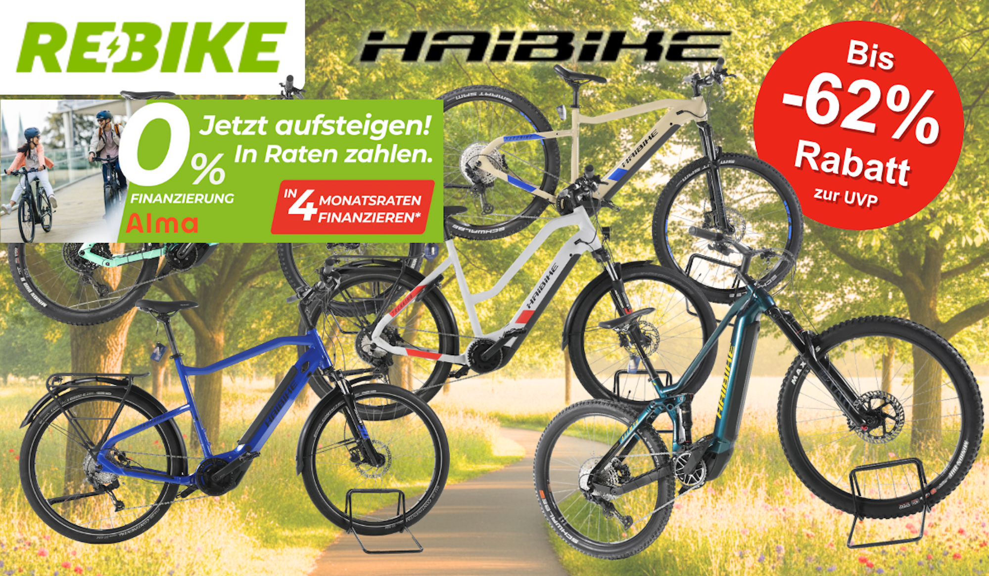Fünf refurbished Haibike E-Bikes verschiedener Modelle in den Farben Türkis, Blau, Weiß-Rot und Petrol vor einem sonnigen Frühlingsweg mit Bäumen und Wildblumen. Oben links das Rebike-Logo, oben mittig das Haibike-Logo, rechts ein roter Button mit der Aufschrift „Bis -62 % Rabatt zur UVP".