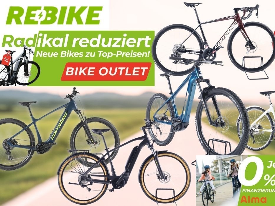 Bildcollage zum Rebike Bike Outlets mit mehreren fabrikneuen E-Bikes und Fahrrädern der Marke Corratec, darunter ein E-Mountainbike, ein Trekking-E-Bike und ein Gravelbike, mit dem Hinweis auf bis zu 58 Prozent Rabatt zur UVP und 0-Prozent-Finanzierung beim Kauf.