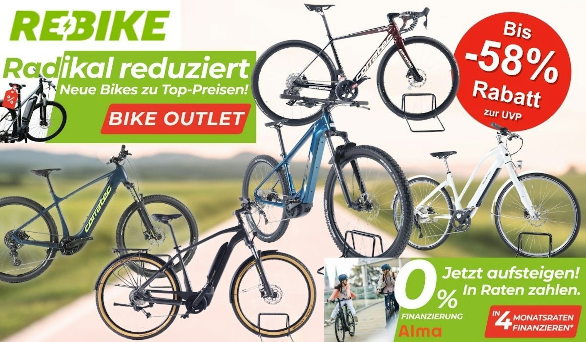 Bildcollage zum Rebike Bike Outlets mit mehreren fabrikneuen E-Bikes und Fahrrädern der Marke Corratec, darunter ein E-Mountainbike, ein Trekking-E-Bike und ein Gravelbike, mit dem Hinweis auf bis zu 58 Prozent Rabatt zur UVP und 0-Prozent-Finanzierung beim Kauf.
