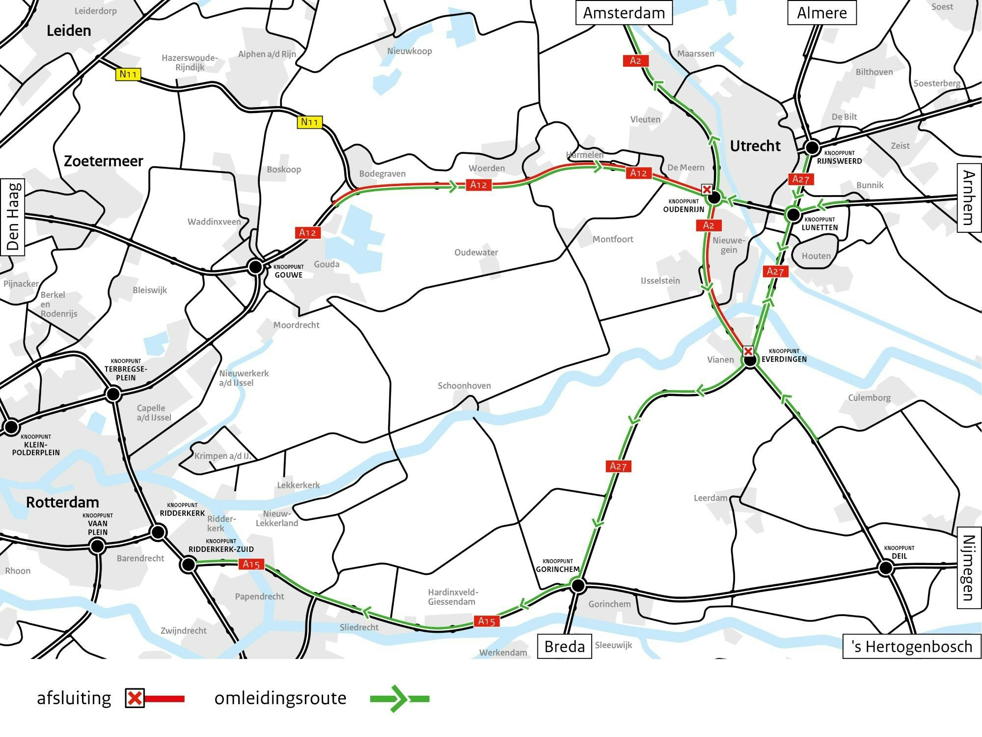 Die Karte zeigt, wo die Instandhaltungsarbeiten in der Region Utrecht stattfinden. Der rote Bereich zeigt die Sperrung, der grüne die empfohlenen Umleitungen.