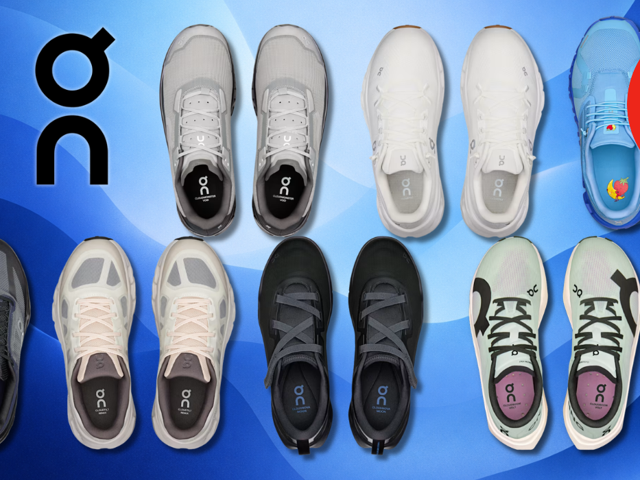 Verschiedene On Sneaker vor einem blauen Hintergrund.