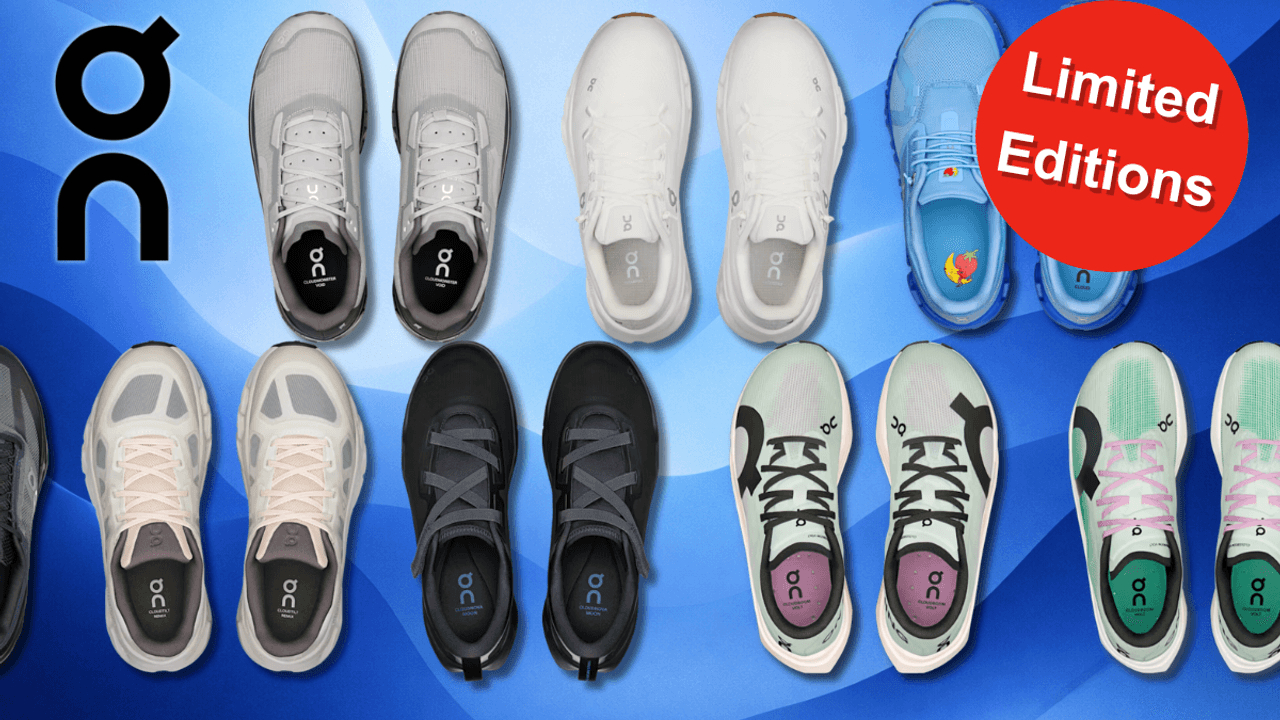 Verschiedene On Sneaker vor einem blauen Hintergrund.
