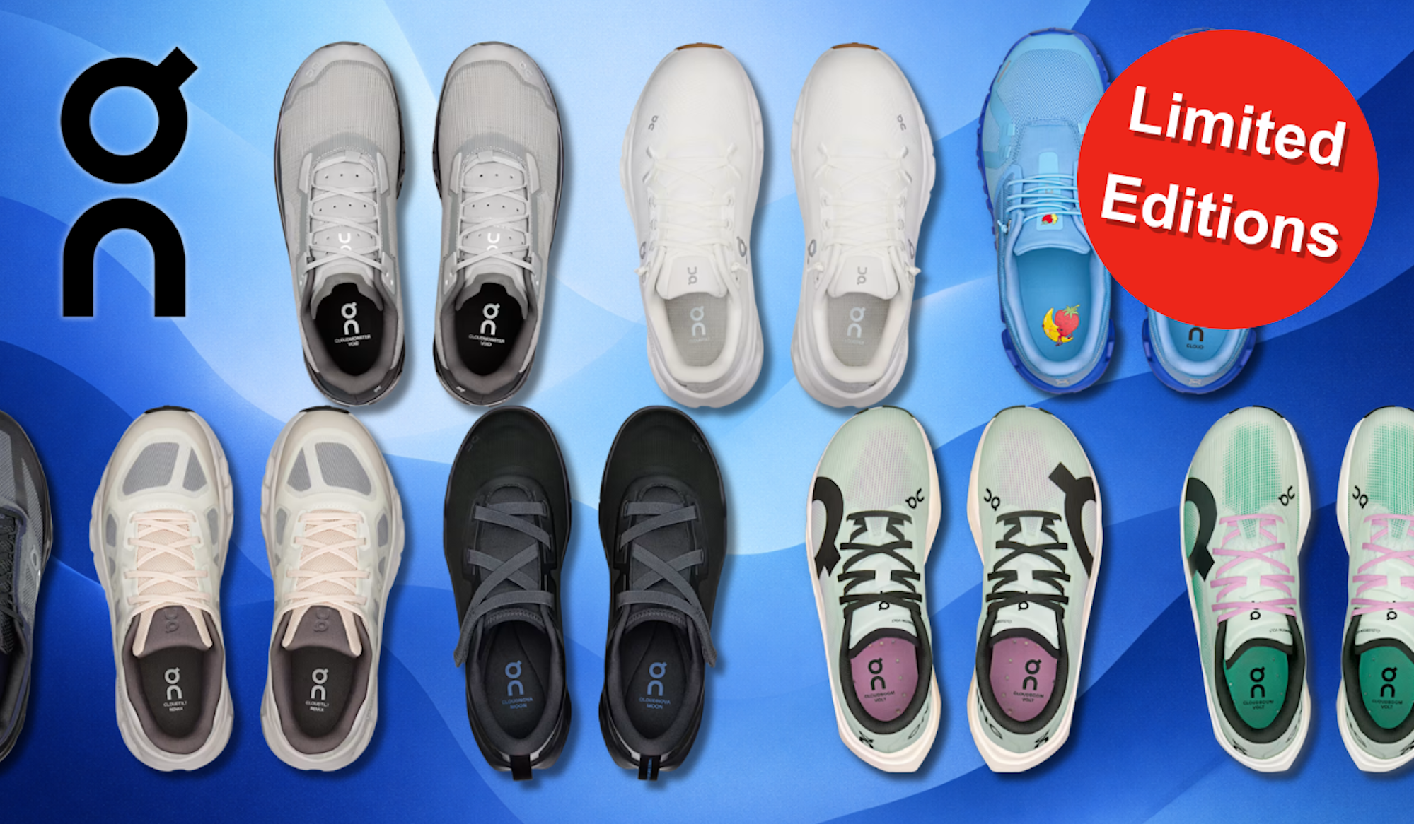Verschiedene On Sneaker vor einem blauen Hintergrund.