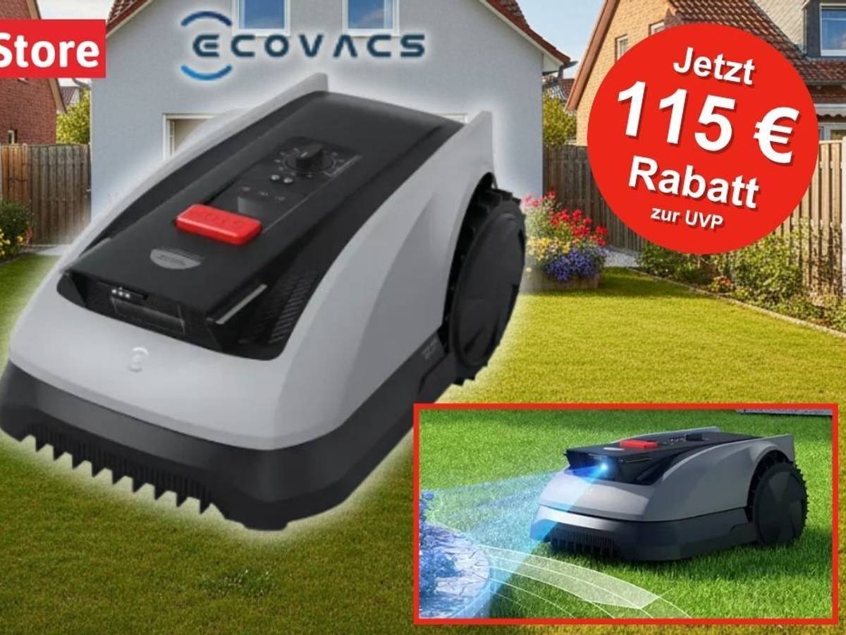 ECOVACS Goat O600 RTK Mähroboter – smarter RTK-Mähroboter mit KI-Hinderniserkennung für Gärten bis 600 m². Im Hintergrund ein grüner, sauber geschnittener Rassen vor einem Wohnhaus.