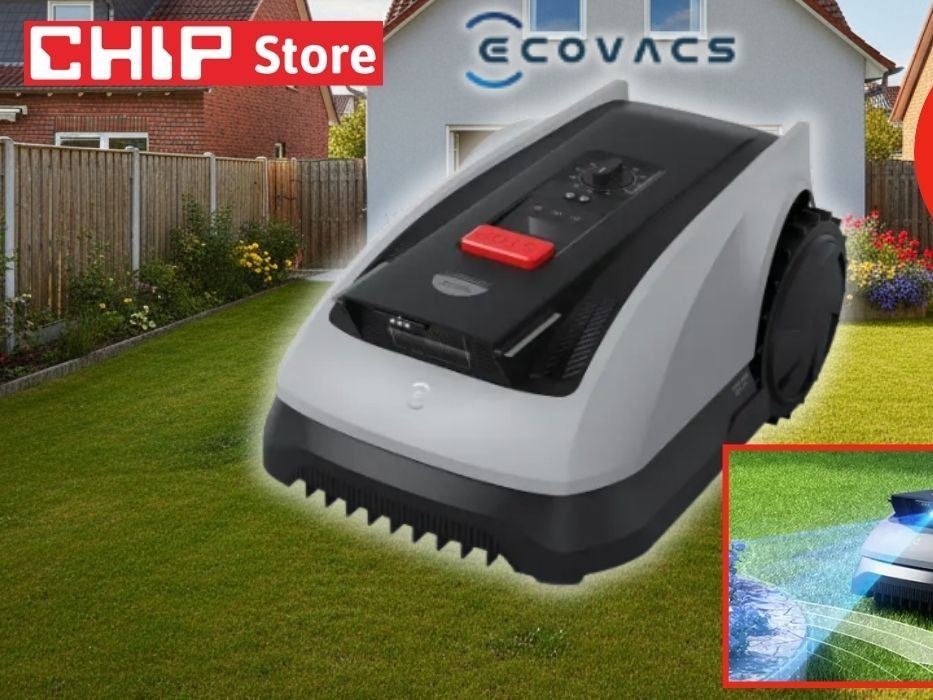 ECOVACS Goat O600 RTK Mähroboter – smarter RTK-Mähroboter mit KI-Hinderniserkennung für Gärten bis 600 m². Im Hintergrund ein grüner, sauber geschnittener Rassen vor einem Wohnhaus.