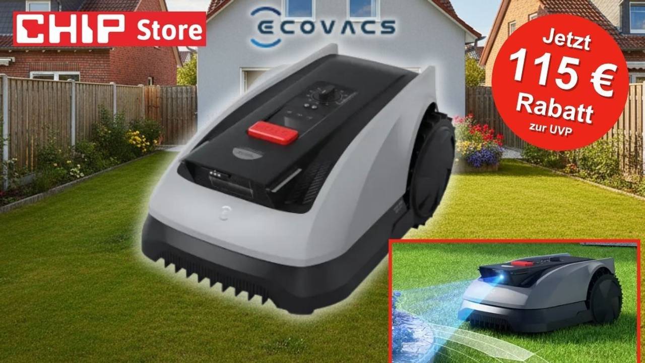 ECOVACS Goat O600 RTK Mähroboter – smarter RTK-Mähroboter mit KI-Hinderniserkennung für Gärten bis 600 m². Im Hintergrund ein grüner, sauber geschnittener Rassen vor einem Wohnhaus.