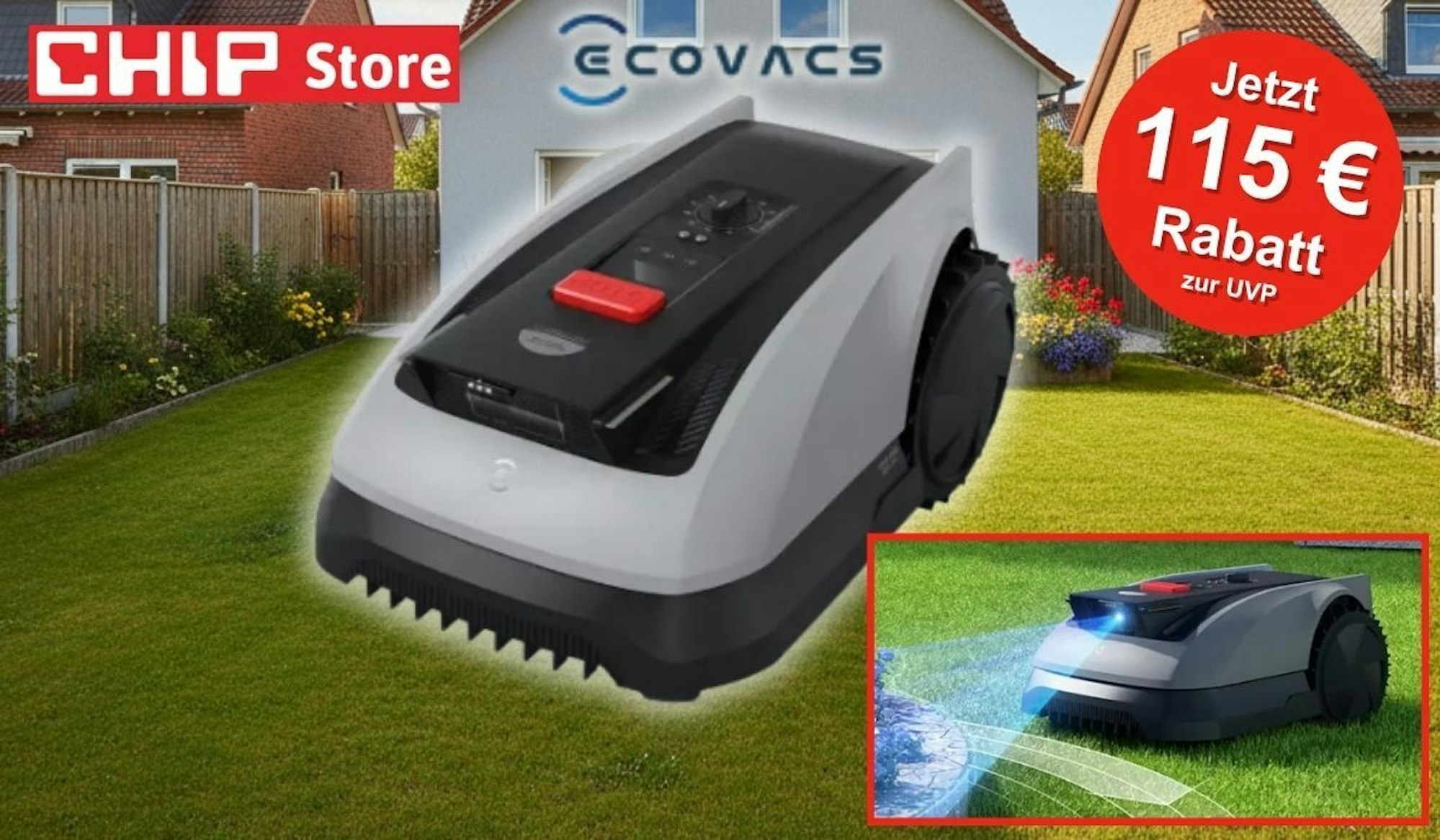 ECOVACS Goat O600 RTK Mähroboter – smarter RTK-Mähroboter mit KI-Hinderniserkennung für Gärten bis 600 m². Im Hintergrund ein grüner, sauber geschnittener Rassen vor einem Wohnhaus.