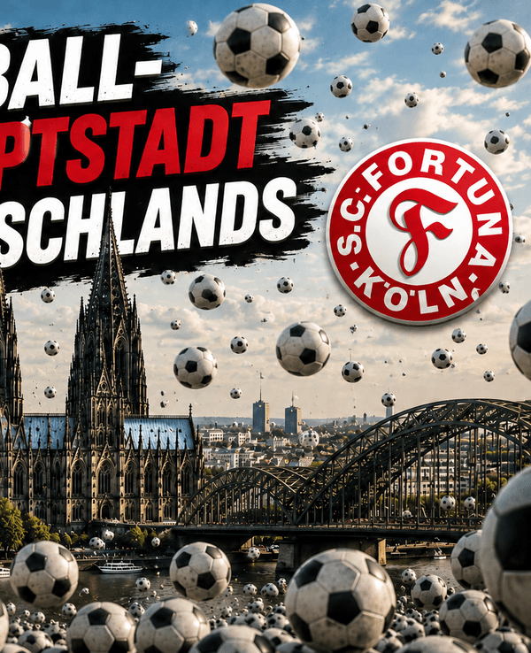 Der Kölner Dom mit Fußbällen und den Logos vom 1. FC Köln, Viktoria Köln und Fortuna Köln.