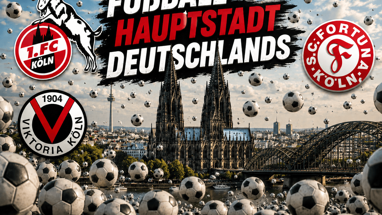 Der Kölner Dom mit Fußbällen und den Logos vom 1. FC Köln, Viktoria Köln und Fortuna Köln.