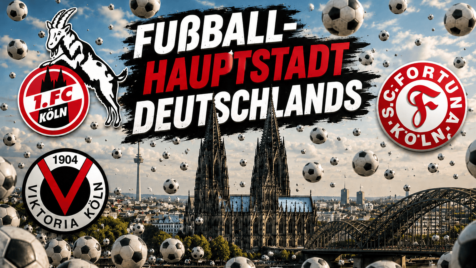 Der Kölner Dom mit Fußbällen und den Logos vom 1. FC Köln, Viktoria Köln und Fortuna Köln.