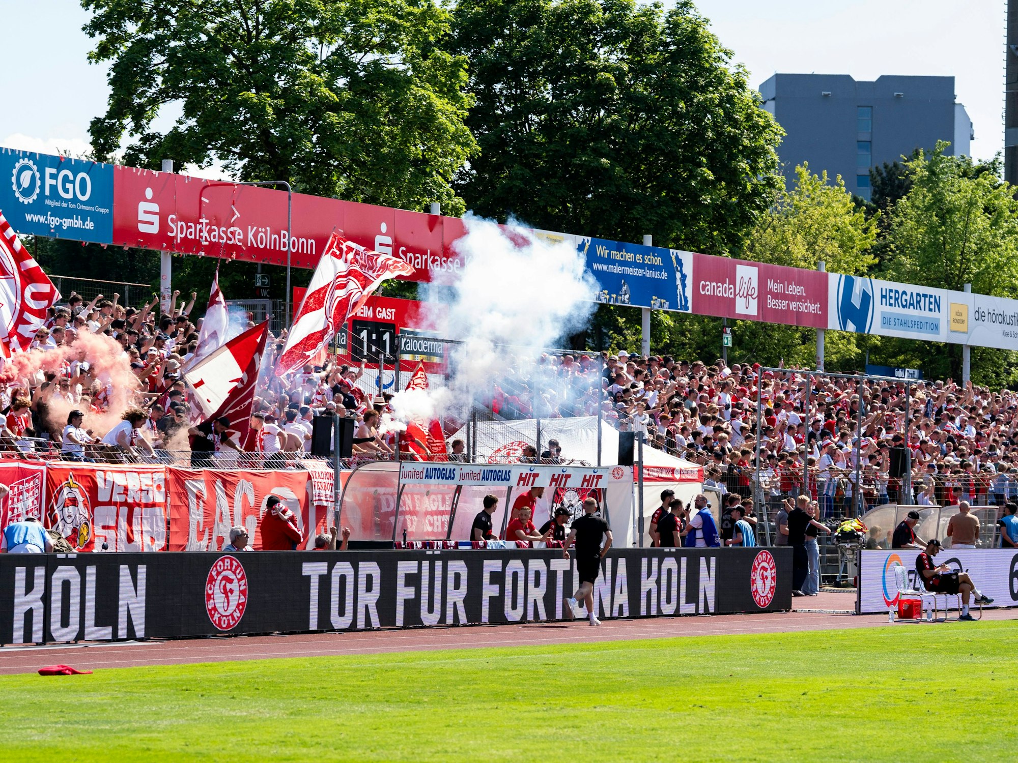 Die Fans von Fortuna Köln freuen sich auf der Tribüne und zünden Pyrotechnik.