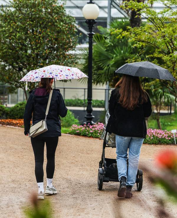 Zwei Frauen gehen bei Regen mit Schirmen durch die Kölner Flora, den botanischen Garten der Stadt.