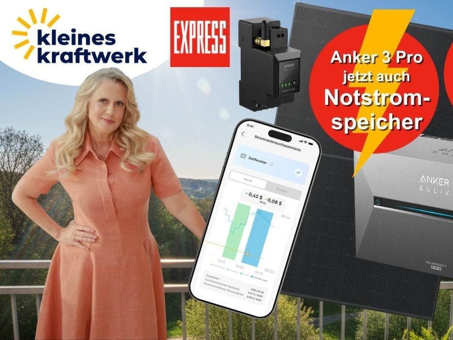 Collage von Kleines Kraftwerk mit EXPRESS-Logo: Barbara Schöneberger steht auf einem Balkon vor der Anker SOLIX Solarbank 3 Pro und Solarpanelen. Im Vordergrund ein Smartphone mit der Anker-App und einem Stromverbrauchsszenario. Text im Bild: „Anker 3 Pro jetzt auch Notstromspeicher" und „Jetzt -41% Rabatt zur UVP".