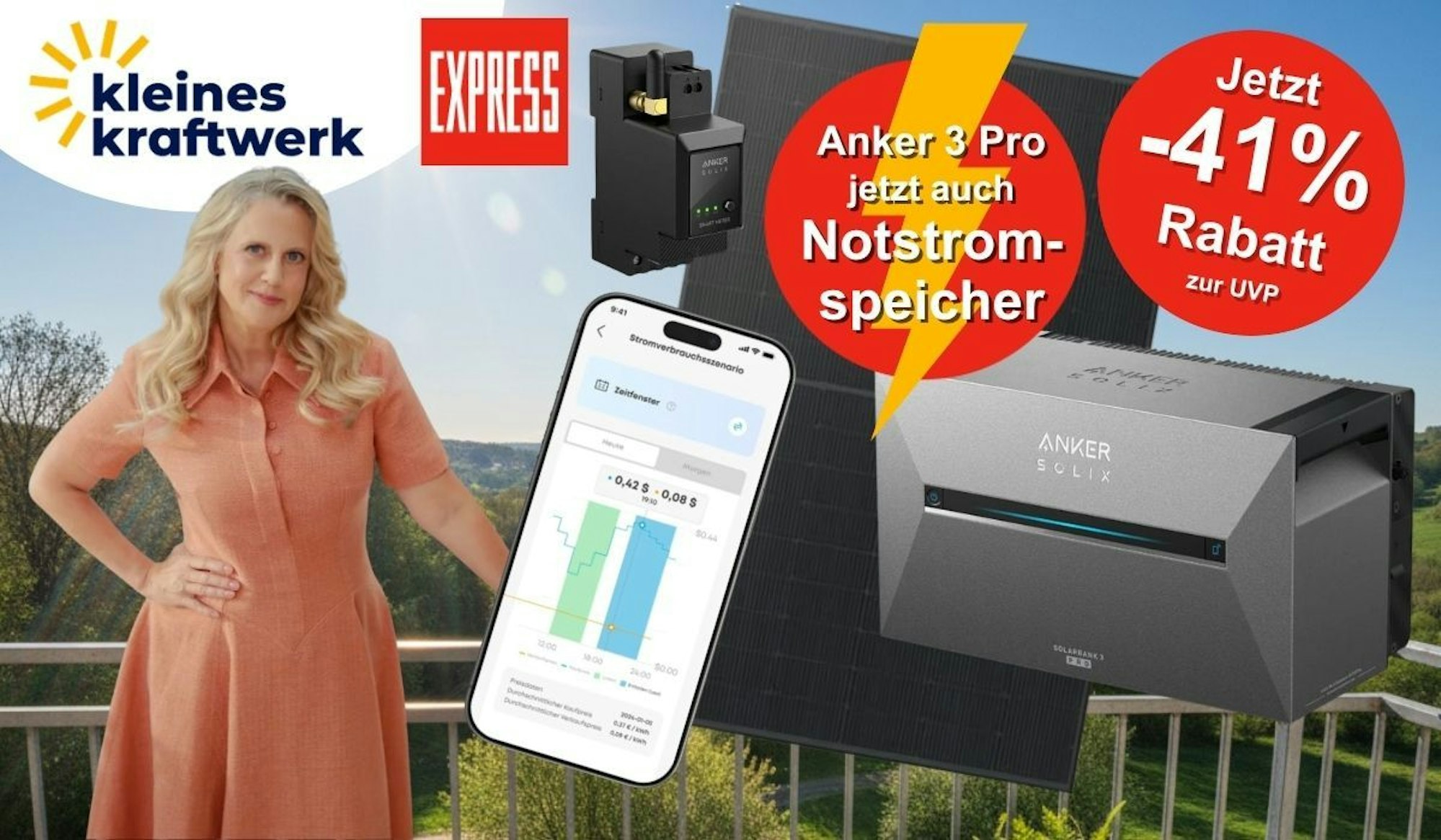 Collage von Kleines Kraftwerk mit EXPRESS-Logo: Barbara Schöneberger steht auf einem Balkon vor der Anker SOLIX Solarbank 3 Pro und Solarpanelen. Im Vordergrund ein Smartphone mit der Anker-App und einem Stromverbrauchsszenario. Text im Bild: „Anker 3 Pro jetzt auch Notstromspeicher" und „Jetzt -41% Rabatt zur UVP".