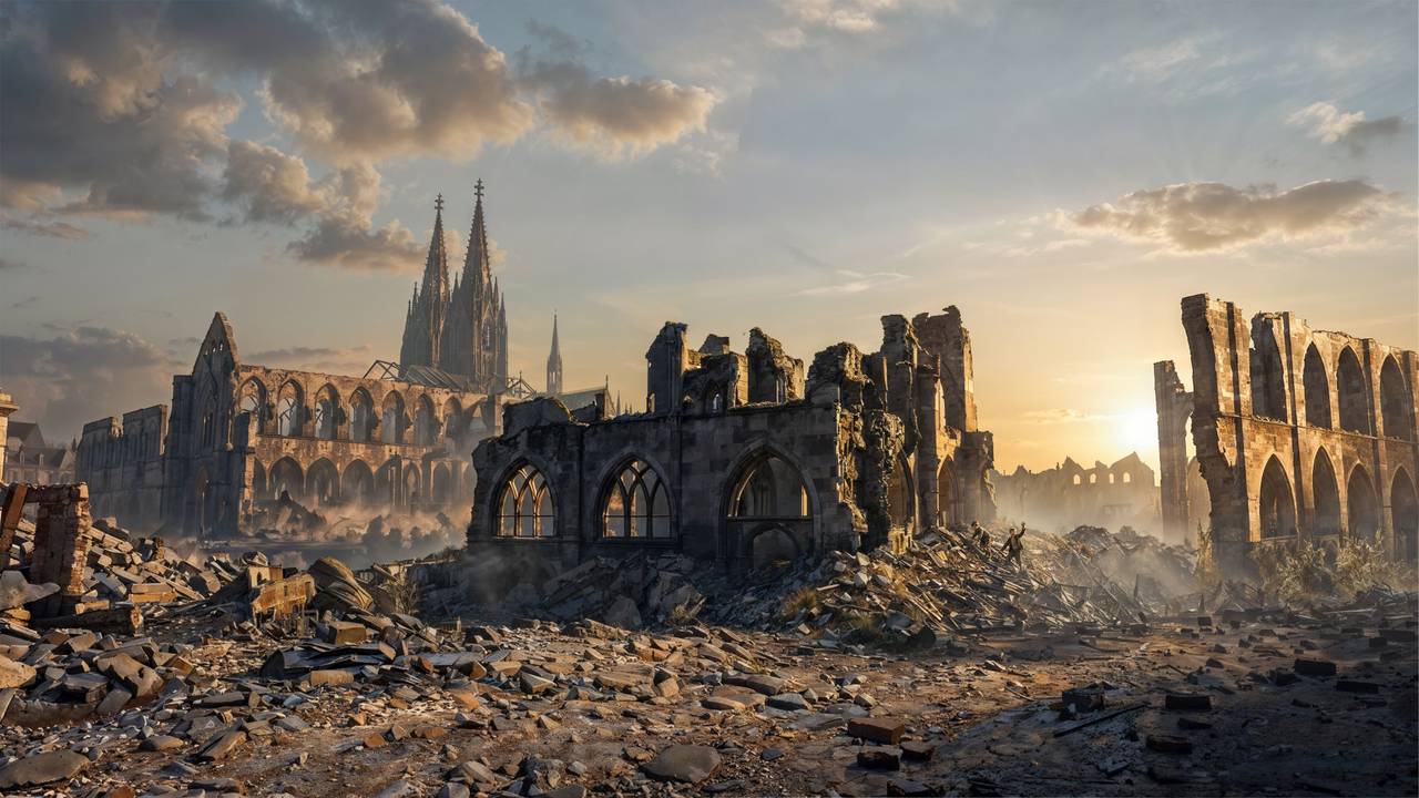 Das zerstörte Köln mit Blick auf den Dom nach dem Zweiten Weltkrieg