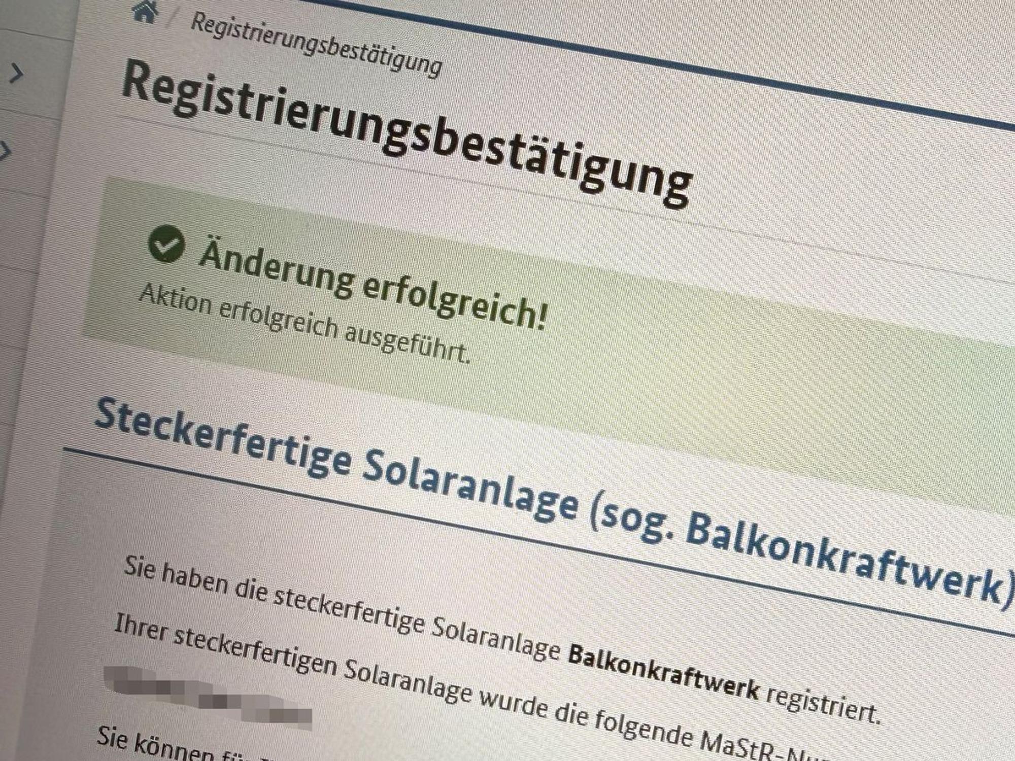 Registrierungsbestätigung eines Balkonkraftwerks