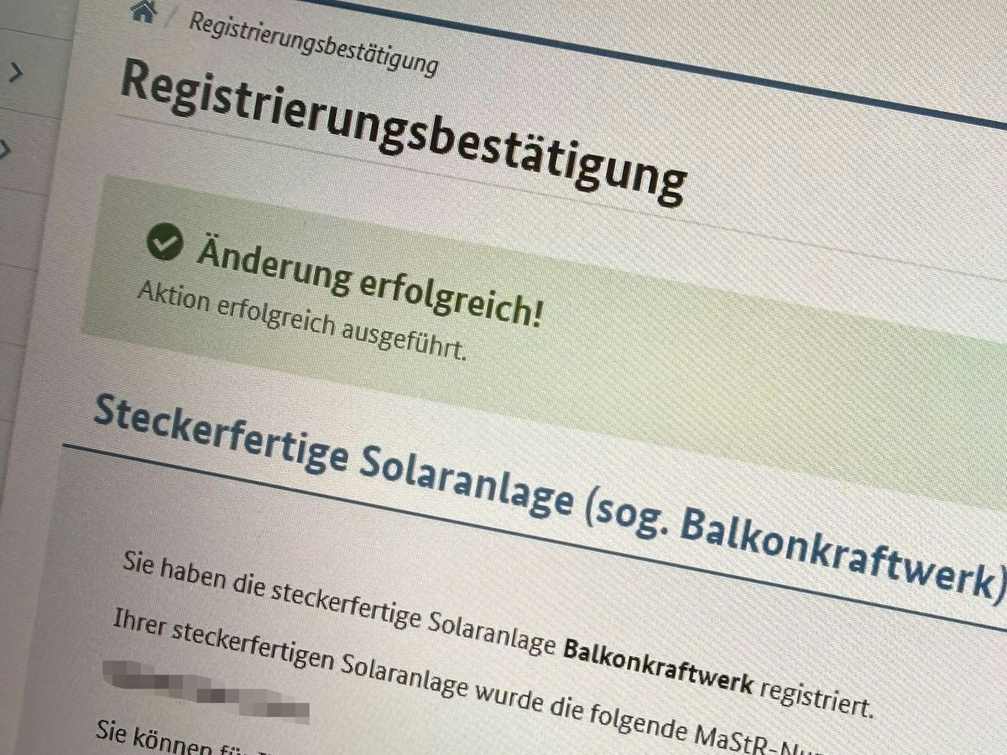 Registrierungsbestätigung eines Balkonkraftwerks
