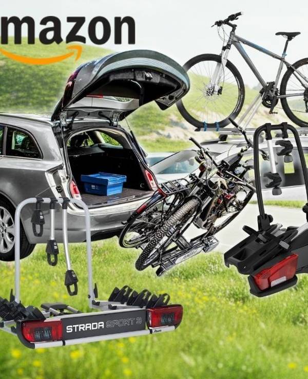 Collage verschiedener Fahrradträger-Modelle fürs Auto vor sommerlicher Landschaft: Kupplungsträger von Atera (Strada Sport 3) und Thule, ein Dachträger mit zwei aufgeladenen Fahrrädern sowie ein Heckklappenträger an einem Kombi mit geöffneter Heckklappe.