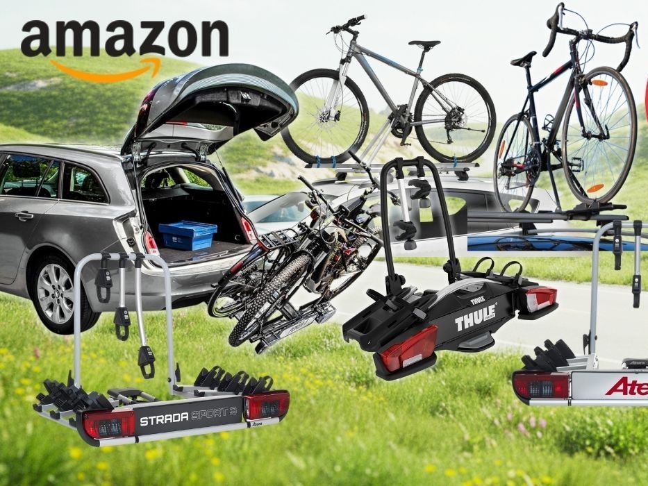 Collage verschiedener Fahrradträger-Modelle fürs Auto vor sommerlicher Landschaft: Kupplungsträger von Atera (Strada Sport 3) und Thule, ein Dachträger mit zwei aufgeladenen Fahrrädern sowie ein Heckklappenträger an einem Kombi mit geöffneter Heckklappe.