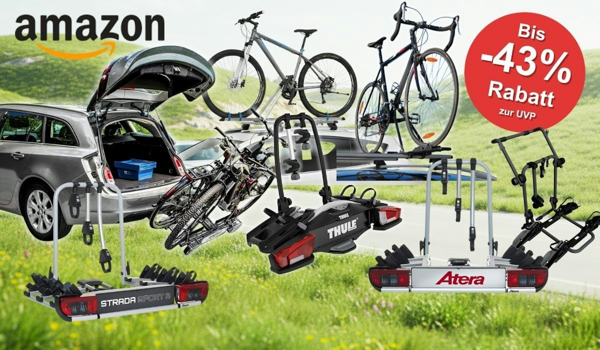 Collage verschiedener Fahrradträger-Modelle fürs Auto vor sommerlicher Landschaft: Kupplungsträger von Atera (Strada Sport 3) und Thule, ein Dachträger mit zwei aufgeladenen Fahrrädern sowie ein Heckklappenträger an einem Kombi mit geöffneter Heckklappe.