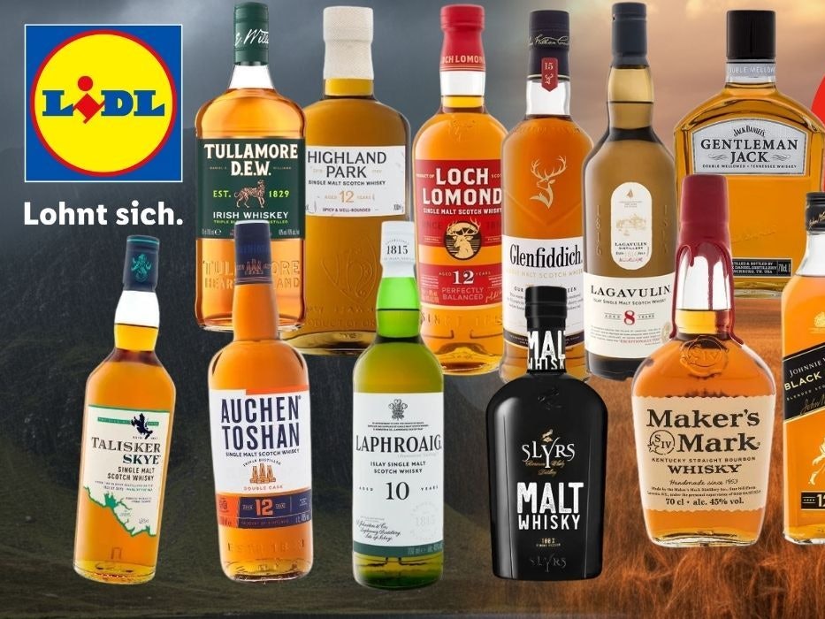 Mehrere Whisky-Flaschen verschiedener Marken nebeneinander vor einem geteilten Hintergrund aus stürmischer Felslandschaft und goldenem Weizenfeld. Zu sehen sind unter anderem Talisker Skye, Auchentoshan, Laphroaig, Highland Park, Tullamore D.E.W., Loch Lomond, Glenfiddich, Lagavulin, Slyrs Malt Whisky, Maker's Mark, Johnnie Walker Black Label, Gentleman Jack und Bud Spencer The Legend. Oben rechts ein roter Button mit der Aufschrift „Bis -40 % Rabatt zur UVP", links das Lidl-Logo mit dem Claim „Lohnt sich."