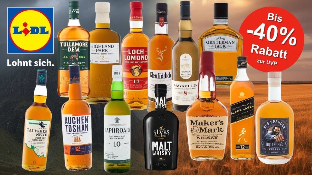 Mehrere Whisky-Flaschen verschiedener Marken nebeneinander vor einem geteilten Hintergrund aus stürmischer Felslandschaft und goldenem Weizenfeld. Zu sehen sind unter anderem Talisker Skye, Auchentoshan, Laphroaig, Highland Park, Tullamore D.E.W., Loch Lomond, Glenfiddich, Lagavulin, Slyrs Malt Whisky, Maker's Mark, Johnnie Walker Black Label, Gentleman Jack und Bud Spencer The Legend. Oben rechts ein roter Button mit der Aufschrift „Bis -40 % Rabatt zur UVP", links das Lidl-Logo mit dem Claim „Lohnt sich."