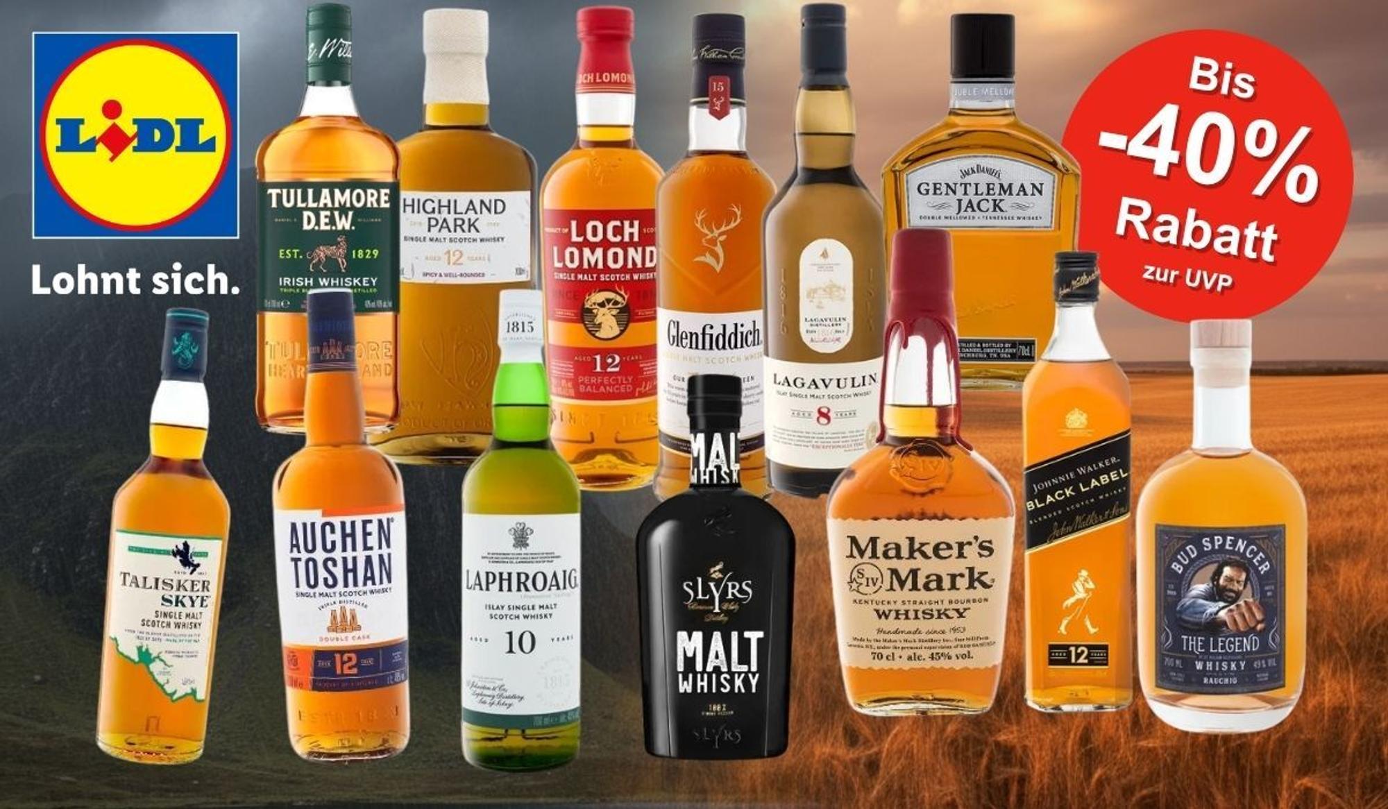 Mehrere Whisky-Flaschen verschiedener Marken nebeneinander vor einem geteilten Hintergrund aus stürmischer Felslandschaft und goldenem Weizenfeld. Zu sehen sind unter anderem Talisker Skye, Auchentoshan, Laphroaig, Highland Park, Tullamore D.E.W., Loch Lomond, Glenfiddich, Lagavulin, Slyrs Malt Whisky, Maker's Mark, Johnnie Walker Black Label, Gentleman Jack und Bud Spencer The Legend. Oben rechts ein roter Button mit der Aufschrift „Bis -40 % Rabatt zur UVP", links das Lidl-Logo mit dem Claim „Lohnt sich."