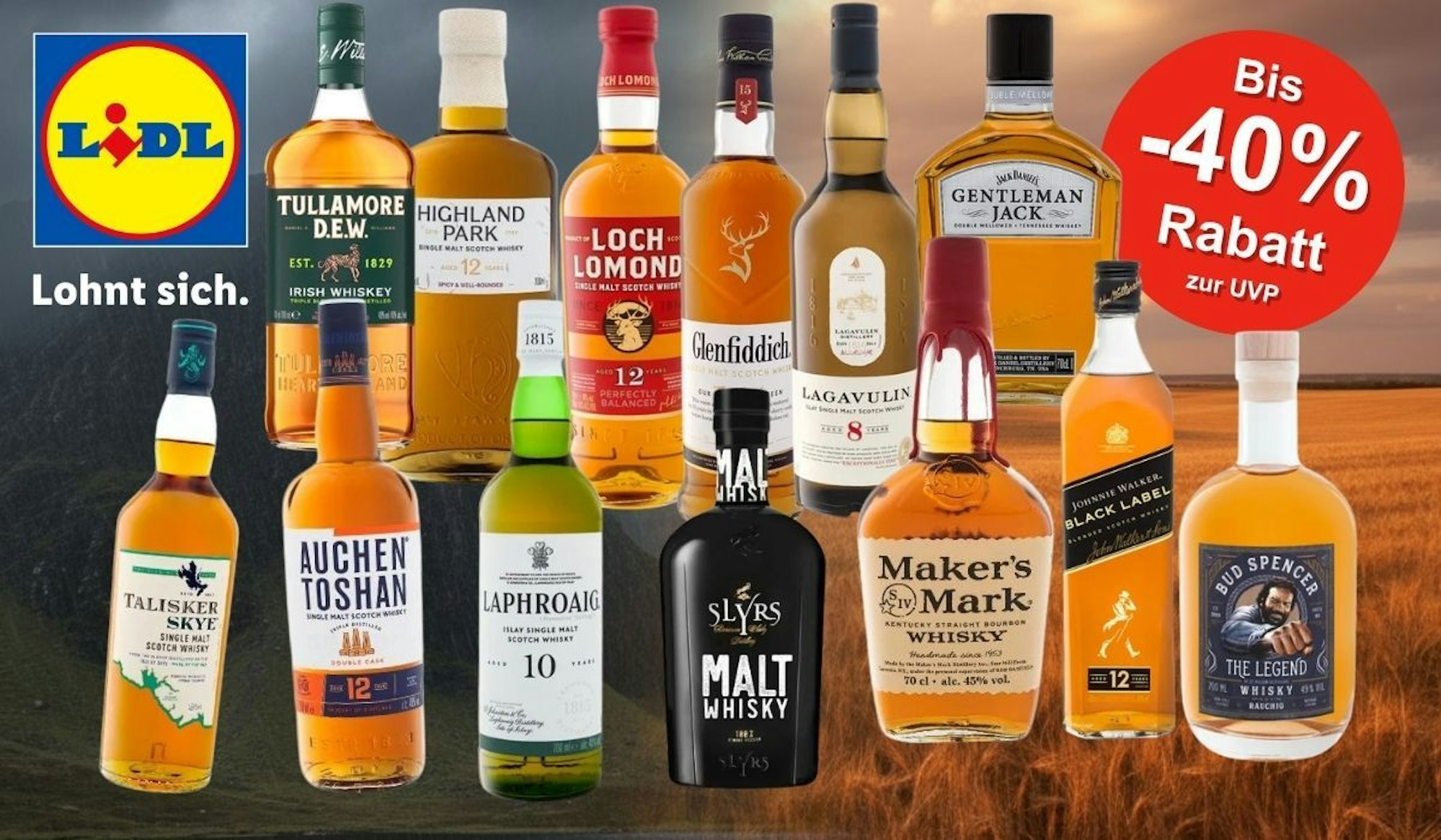 Mehrere Whisky-Flaschen verschiedener Marken nebeneinander vor einem geteilten Hintergrund aus stürmischer Felslandschaft und goldenem Weizenfeld. Zu sehen sind unter anderem Talisker Skye, Auchentoshan, Laphroaig, Highland Park, Tullamore D.E.W., Loch Lomond, Glenfiddich, Lagavulin, Slyrs Malt Whisky, Maker's Mark, Johnnie Walker Black Label, Gentleman Jack und Bud Spencer The Legend. Oben rechts ein roter Button mit der Aufschrift „Bis -40 % Rabatt zur UVP", links das Lidl-Logo mit dem Claim „Lohnt sich."