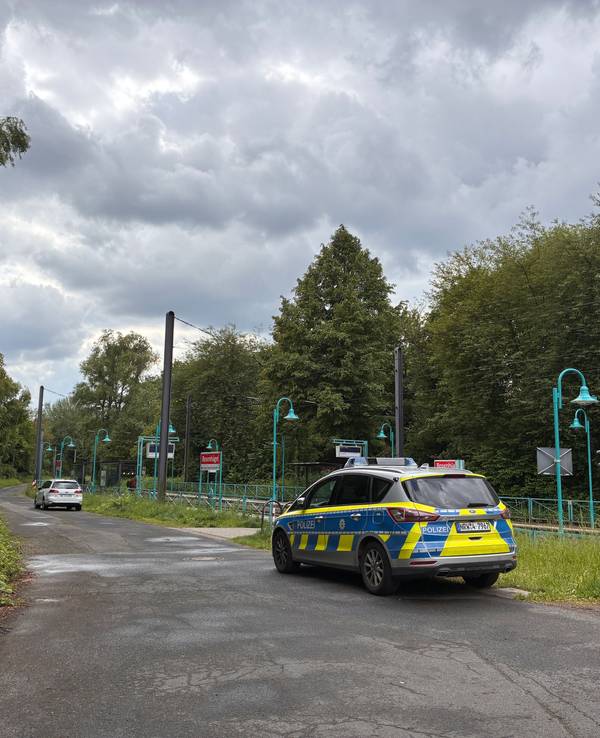 Ein Streifenwagen steht an Bahngleisen.
