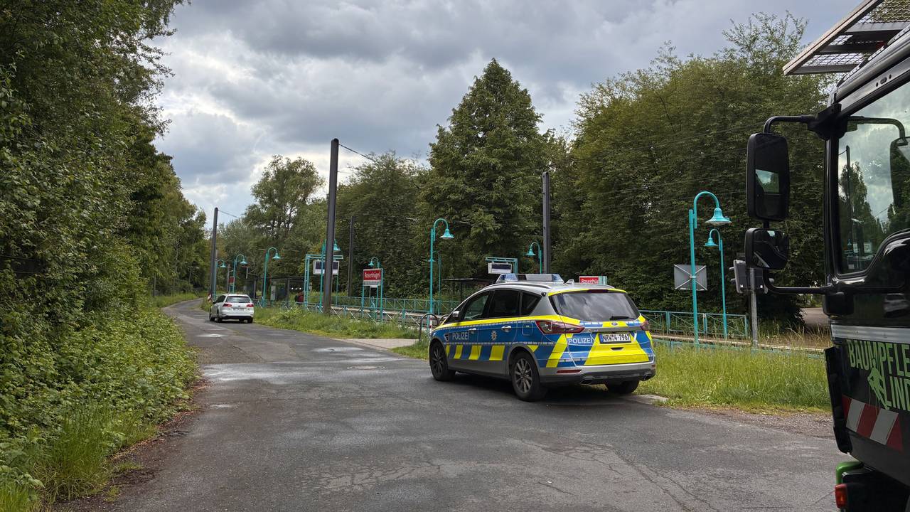 Ein Streifenwagen steht an Bahngleisen.