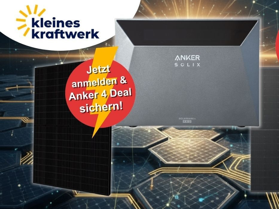 Anker SOLIX Solarbank 4 Pro Speicher mit Solarmodulen vor digitalem Energiehintergrund, Logo von Kleines Kraftwerk, Hinweis auf 25 Prozent Launch-Rabatt zur UVP und Call-to-Action zur Newsletter-Anmeldung für den Anker 4 Deal.