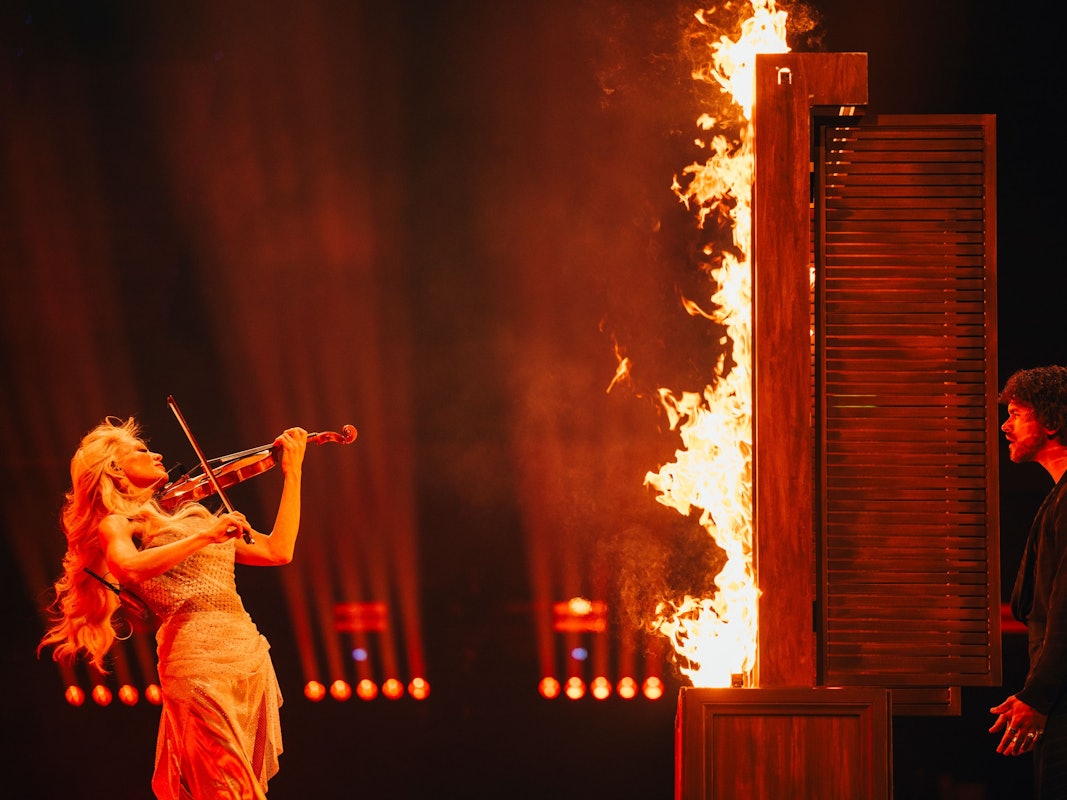 Linda Lampenius x Pete Parkkonen bei der Interpretation von „Liekinheitin“ für Finnland während der ersten Probe in der Wiener Stadthalle, Wien 2026.