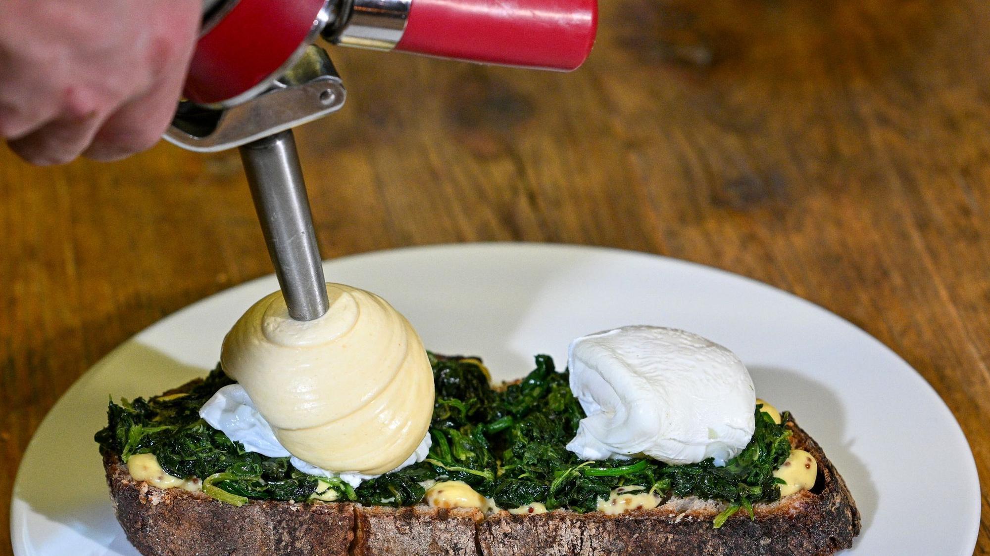 Koch richtet Sauce Hollandaise mit einem Sahnesyphon an