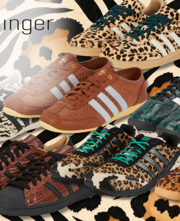 Eine Darstellung von verschiedenen Animal Print Sneakern vor einem Animal Print Hintergrund.