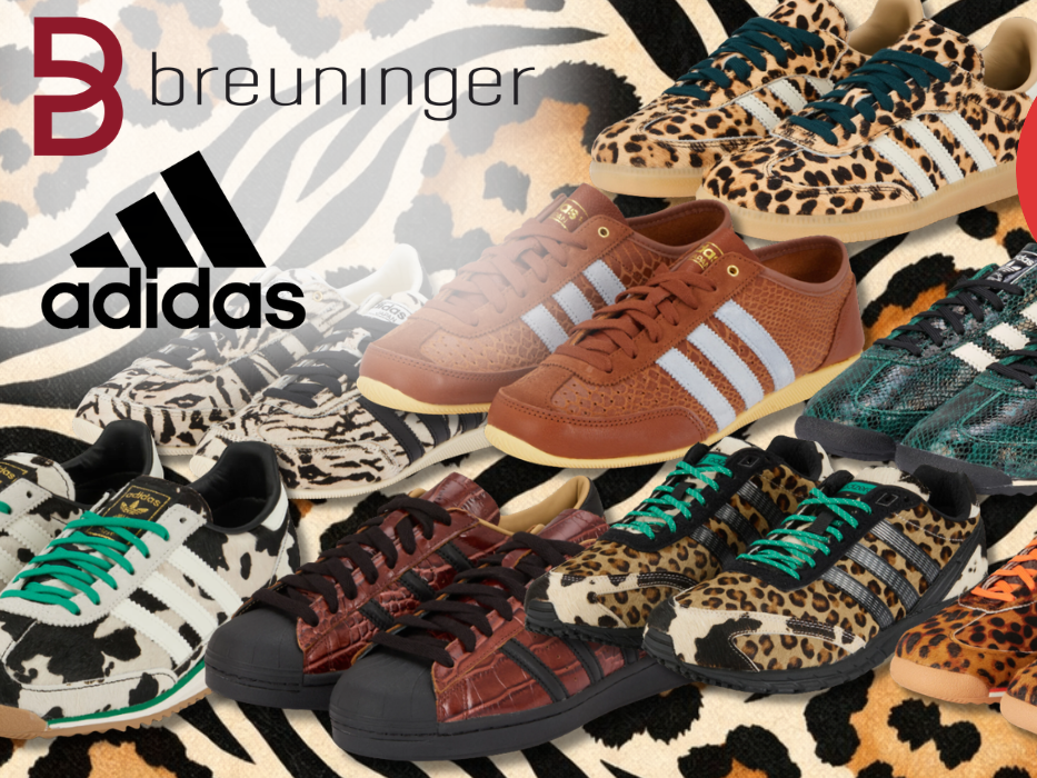 Eine Darstellung von verschiedenen Animal Print Sneakern vor einem Animal Print Hintergrund.