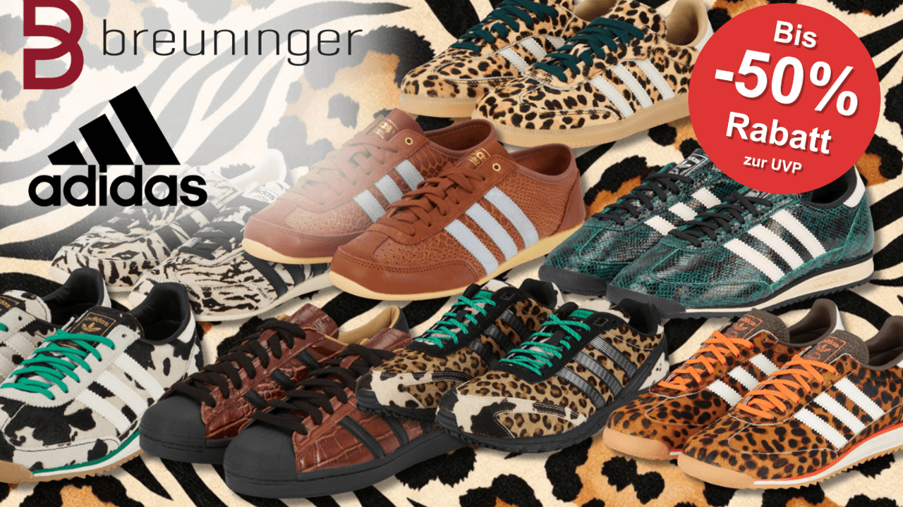Eine Darstellung von verschiedenen Animal Print Sneakern vor einem Animal Print Hintergrund.