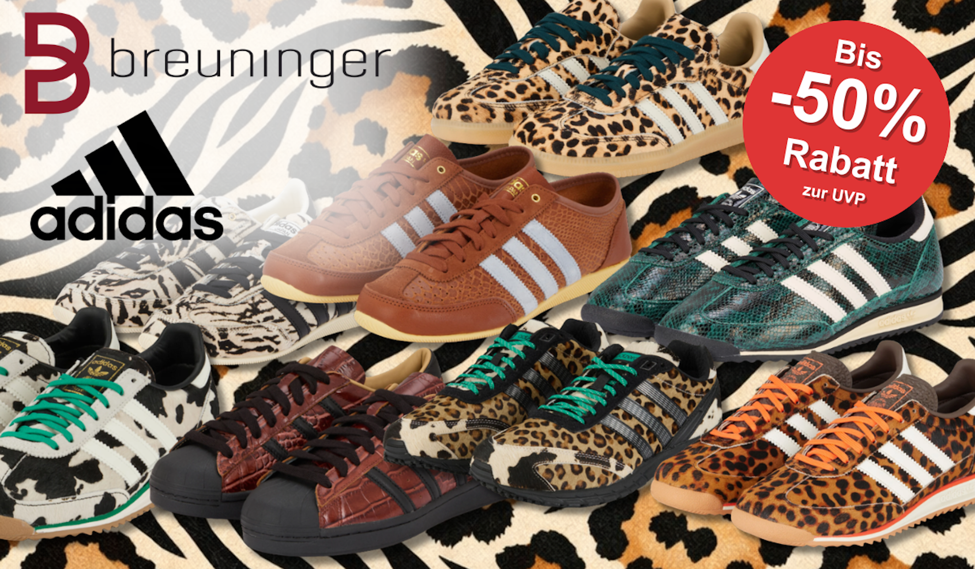 Eine Darstellung von verschiedenen Animal Print Sneakern vor einem Animal Print Hintergrund.